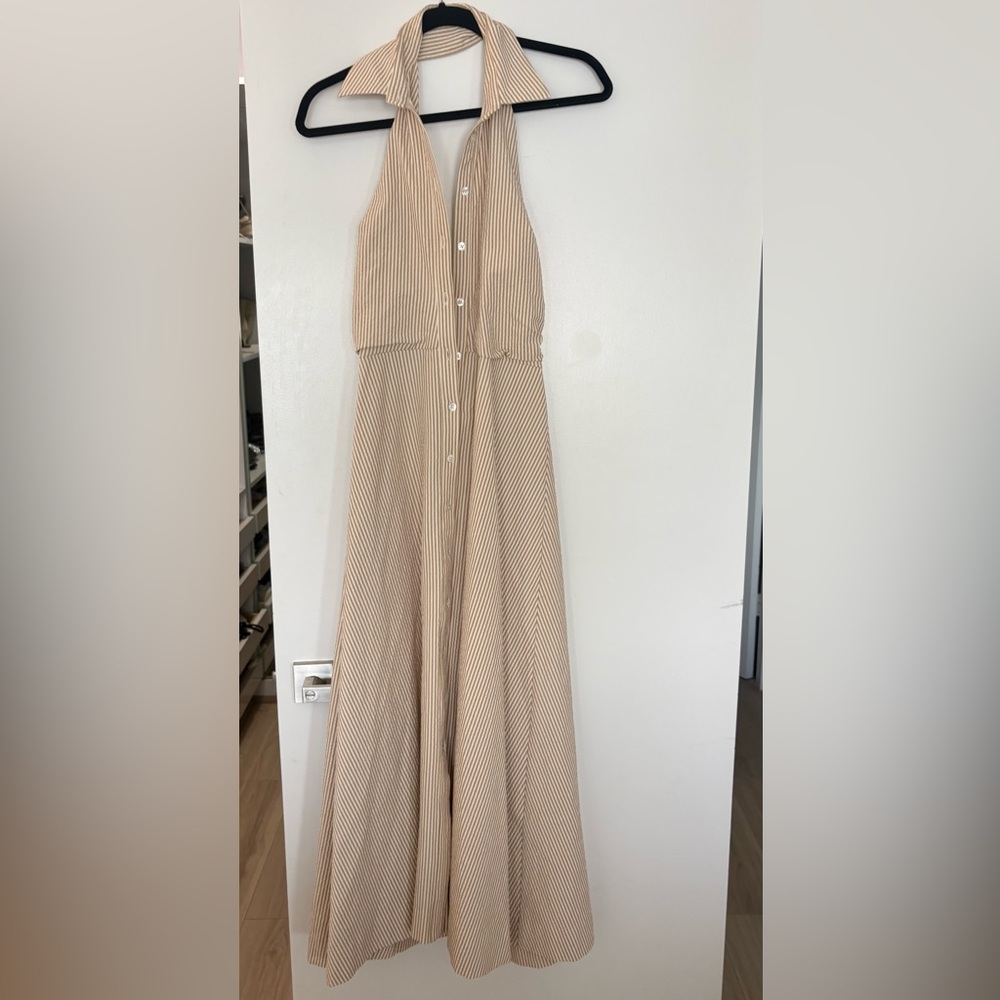 Veronica Beard Beige Striped Asymmetrical Halter Dress